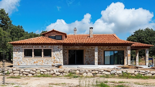 A newly constructed single-story stone house with a terracotta roof, large windows, and a clear sky in the background, surrounded by a natural landscape.