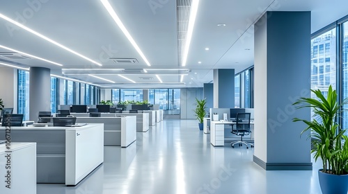 Modern office with LED downlights and suspended tiles