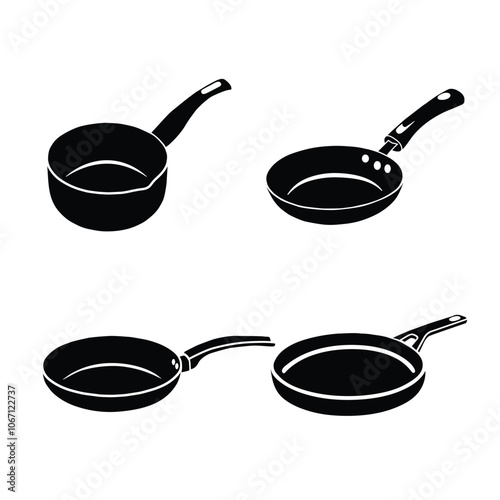 Fry Pan Vector Illustration Clip Art Set, frying pan Isolated Vector Silhouette Symbol With White Background. Pot Cooking Food Frying Equipment.
