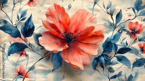 Wallpaper Mural Vibrant Flower with Blue Leaves on Light Background Torontodigital.ca