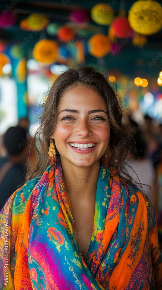 Smiling woman in vibrant scarf. Smiling woman in vibrant scarf.
