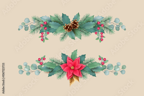 A set of Christmas garlands of Flowers, fir branches, golden leaves and decorative Christmas elements. Christmas and New Year decorations