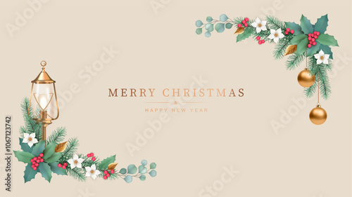 Christmas and New Year banner. Corner garlands of fir branches, flowers and golden lantern