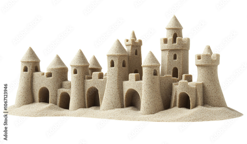A detailed sandcastle with towers and arches on a sandy beach. A detailed sandcastle with towers and arches on a sandy beach.