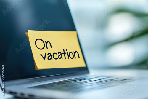 Laptop with a sticky note saying 'On vacation' symbolizing work-life balance and relaxation. photo