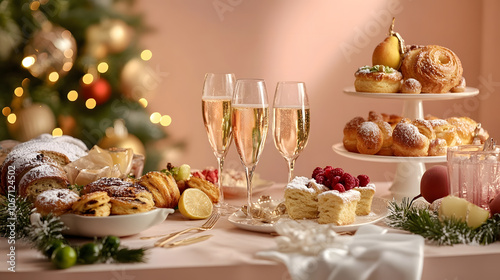 Elegant holiday brunch table adorned with sparkling champagne flutes, assorted pastries, and festive decorations, capturing the warmth and joy of a seasonal celebration. photo