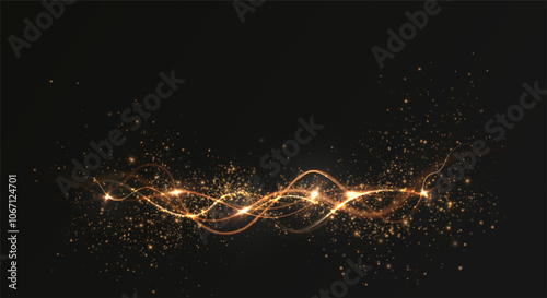 Gold curved light line, rope, tape. Smooth festive gold line png with light effects. Light golden Twirl png. Curve light effect of golden line. 