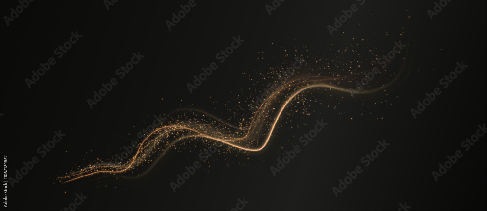 Gold curved light line, rope, tape. Smooth festive gold line png with light effects. Light golden Twirl png. Curve light effect of golden line.