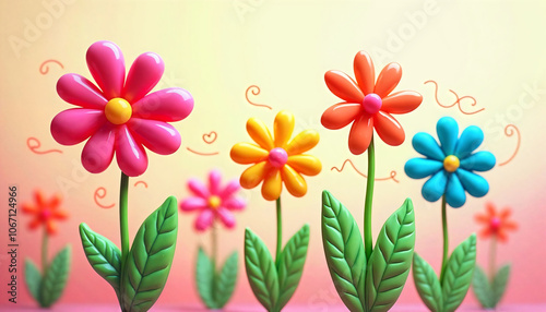 Cheerful, brightly colored flowers with playful shapes, set against a soft gradient background, evoke a sense of joy and creativity. Perfect for spring themes.