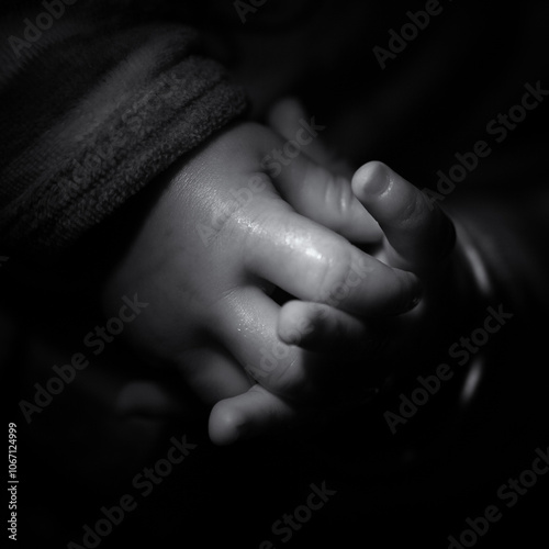 Mains de bébé, noir et blanc, gros plan photo