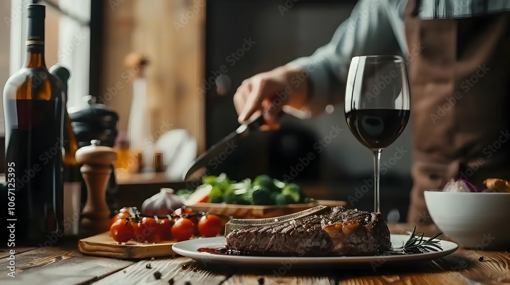 A perfectly cooked and juicy T bone steak served on a rustic wooden table accompanied by a medley of roasted vegetables and a rich flavorful gravy sauce A perfectly cooked and juicy T bone steak served on a rustic wooden table accompanied by a medley of roasted vegetables and a rich flavorful gravy sauce