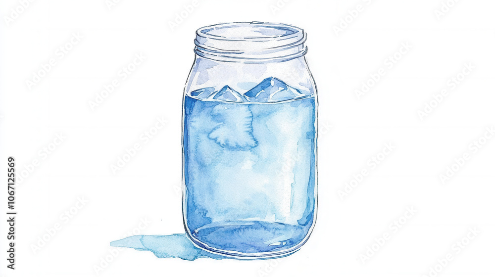 A clear glass jar filled with blue water, featuring ice cubes and a small spill at the base, highlighting freshness and coolness. A clear glass jar filled with blue water, featuring ice cubes and a small spill at the base, highlighting freshness and coolness.