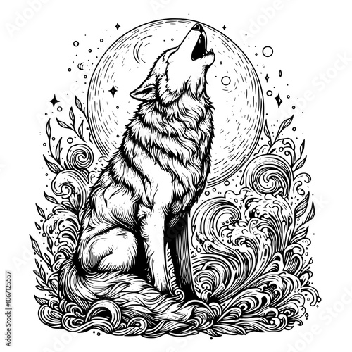 Echoes of the Wild The Howling Wolf, Moonlit Melodies The Wolf's Howl, Cry of the Night: The Mysterious Howl of the Wolf, Wilderness Symphony: The Haunting Howl of the Wolf lineart isolated on white.