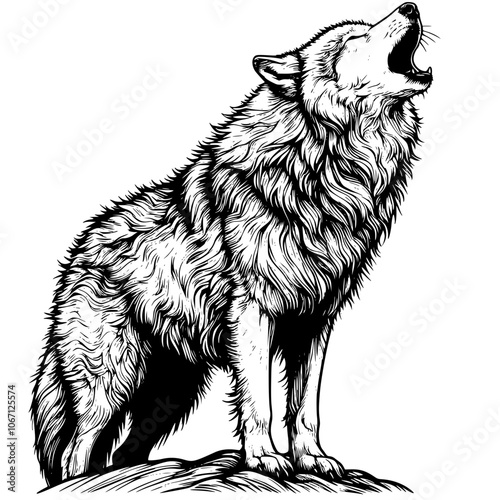 Echoes of the Wild The Howling Wolf, Moonlit Melodies The Wolf's Howl, Cry of the Night: The Mysterious Howl of the Wolf, Wilderness Symphony: The Haunting Howl of the Wolf lineart isolated on white.