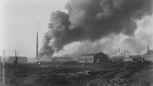 A black-and-white industrial scene featuring thick smoke billowing from factories, indicative of early 20th-century industrial activity and its environmental impact.