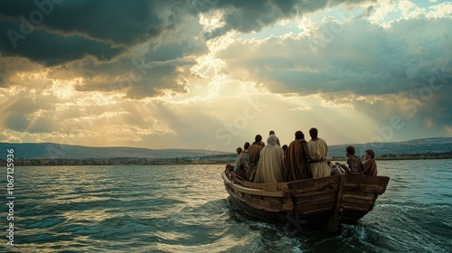 Jesus calms the storm  a miraculous moment on the sea of galilee with awe struck disciples photo