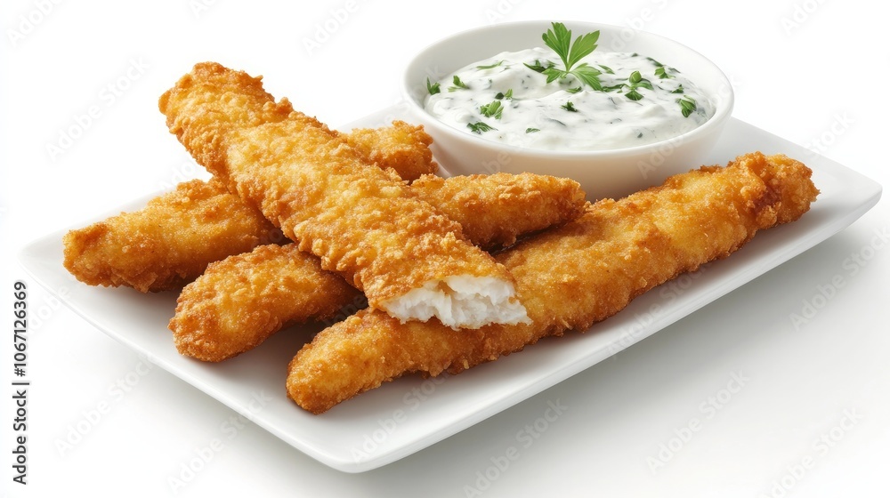 Fish sticks with golden crust and a dip Fish sticks with golden crust and a dip