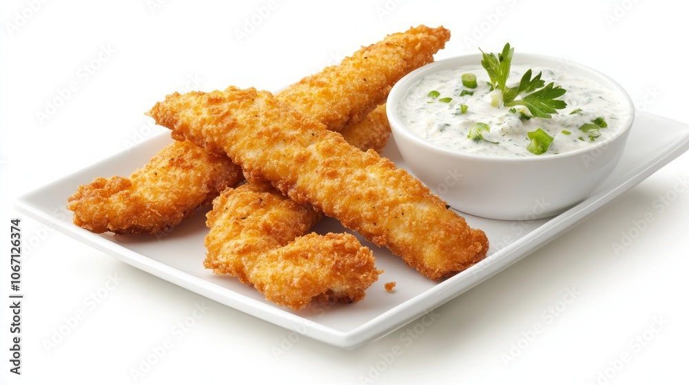 Fish sticks with golden crust and a dip Fish sticks with golden crust and a dip