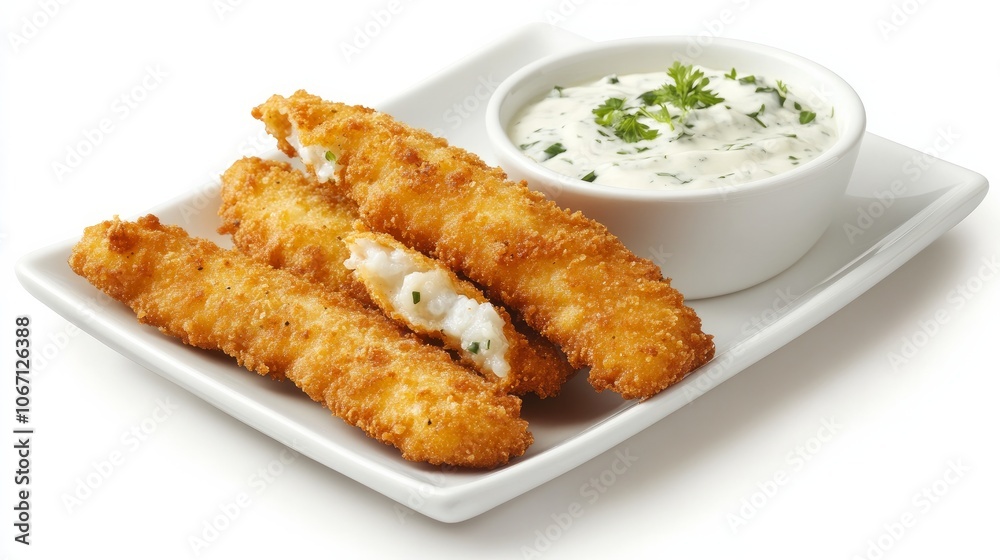 Fish sticks with golden crust and a dip Fish sticks with golden crust and a dip