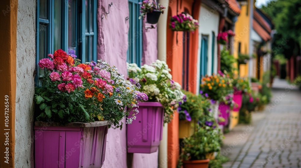 Naklejka premium Colorful Flower Boxes in Historic Village Street