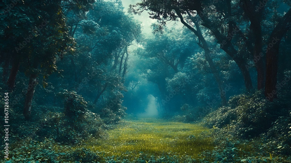 Fototapeta premium A dense forest with tall trees, a green carpet of grass under the canopy, and mist rising from between them
