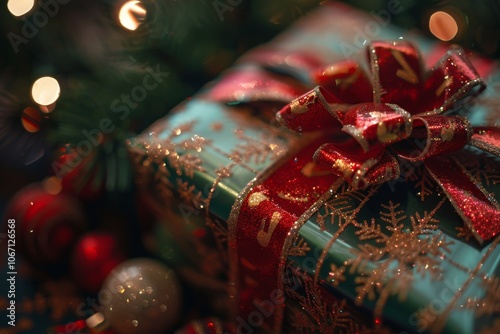 Wrapped present with shiny bow and ribbon photo