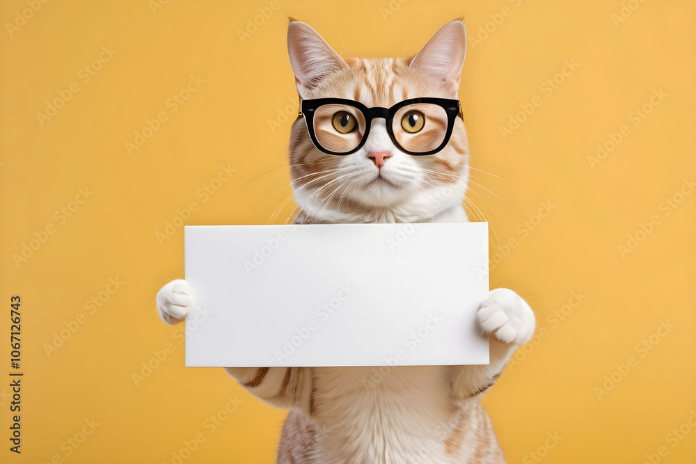 Obraz premium Portrait of cat with eyglasses holding a blank sign with empty space for text, isolated on a yellow background