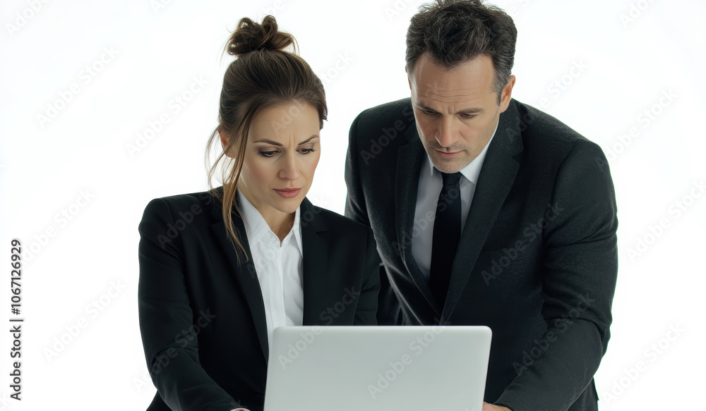 a businessman and businesswoman reviewing content on a laptop, portraying focus, professionalism, and teamwork. It is perfect for corporate marketing and business presentations. a businessman and businesswoman reviewing content on a laptop, portraying focus, professionalism, and teamwork. It is perfect for corporate marketing and business presentations.
