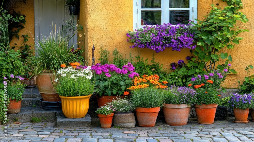 Colorful Flower Pots by a Charming House Wall Colorful Flower Pots by a Charming House Wall