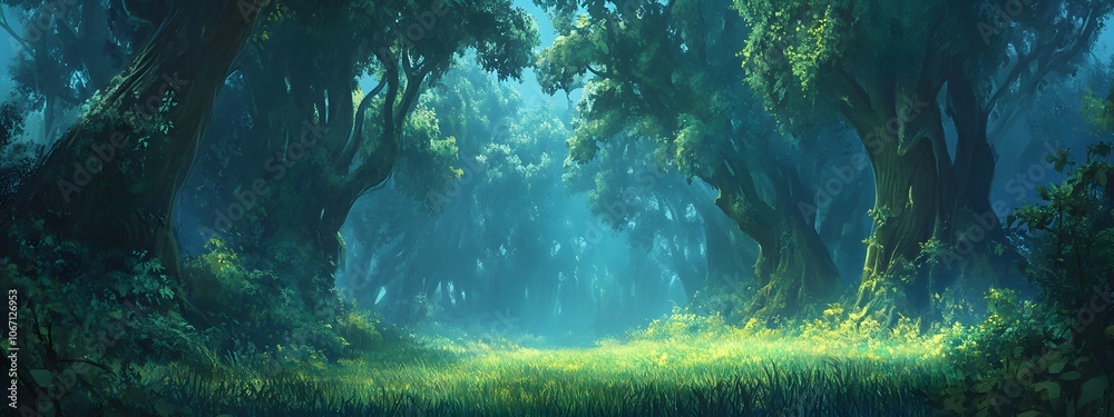 Fototapeta premium A dense forest with tall trees, a green carpet of grass under the canopy, and mist rising from between them