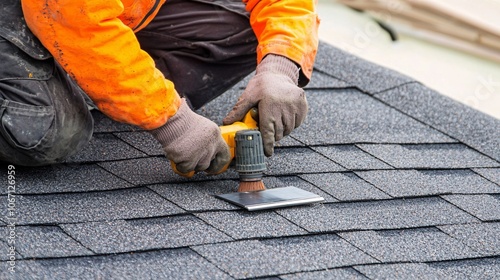 A professional diagnostic inspector examining the roof of a suburban home with specialized equipment, captured in high-definition quality photo