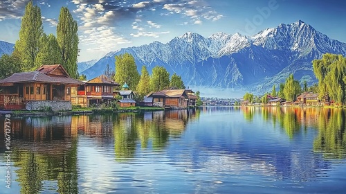 Calm Dal Lake in Srinagar, Kashmir, with breathtaking mountains in the background