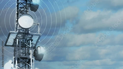 antenna tower as phone base station with radio wave animation on time lapse cloud sky background, motion concept with copy space for wireless communication for tv, internet, mobile communication