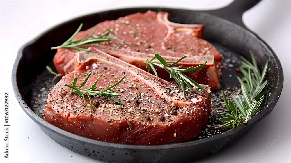 Close up View of a Juicy Raw T Bone Steak Seasoned with Fresh Rosemary Coarse Ground Black Pepper and Kosher Salt Prepared and Ready to be Grilled for a Delicious Homemade Dinner or Lunch Meal Close up View of a Juicy Raw T Bone Steak Seasoned with Fresh Rosemary Coarse Ground Black Pepper and Kosher Salt Prepared and Ready to be Grilled for a Delicious Homemade Dinner or Lunch Meal