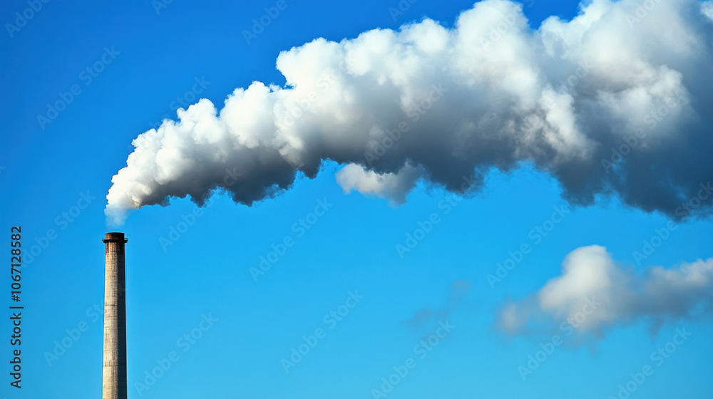A tall smokestack emits thick white smoke into a clear blue sky, highlighting environmental and industrial themes. A tall smokestack emits thick white smoke into a clear blue sky, highlighting environmental and industrial themes.