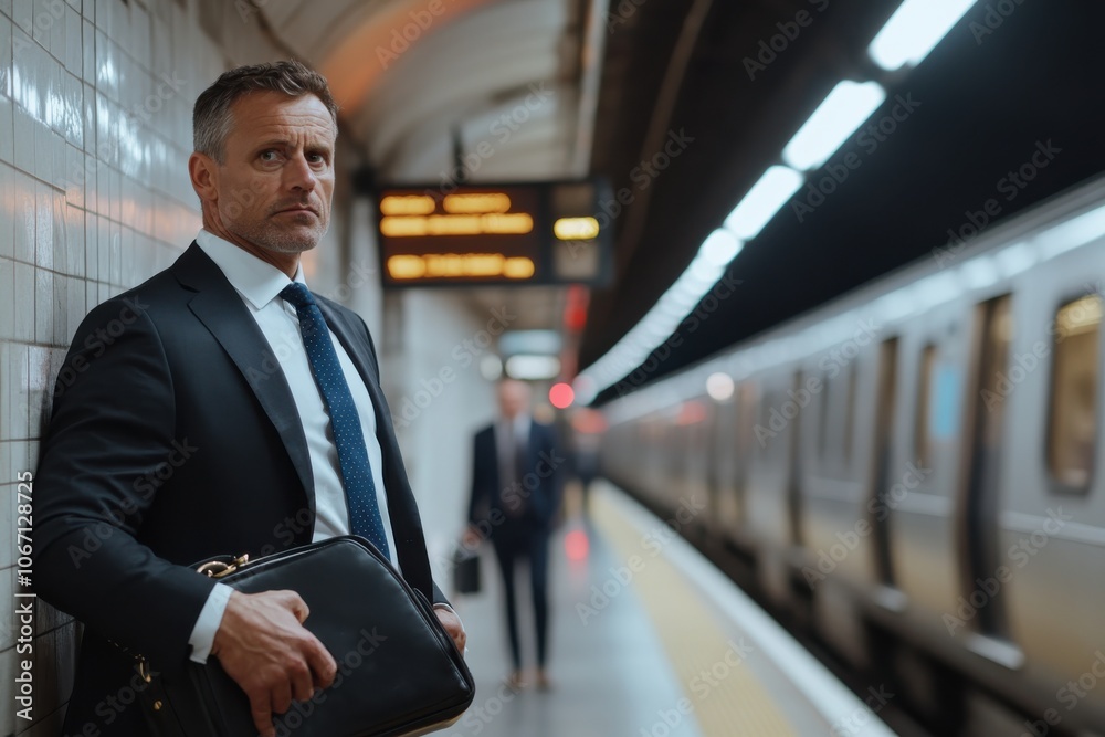 A man leans against a tiled subway wall holding a briefcase, exuding patience and focus as he waits for a train in a bustling and vibrant urban environment. A man leans against a tiled subway wall holding a briefcase, exuding patience and focus as he waits for a train in a bustling and vibrant urban environment.