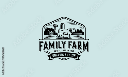 Vintage family farm logo with rural landscape