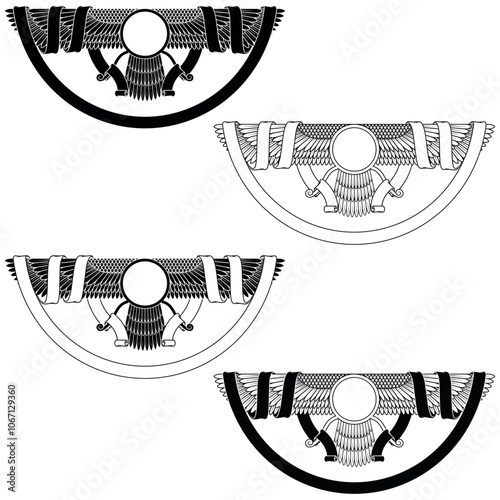 Vector design of Faravahar symbol, symbol of Zoroastrian religion, winged sun disk surrounded with ribbon photo