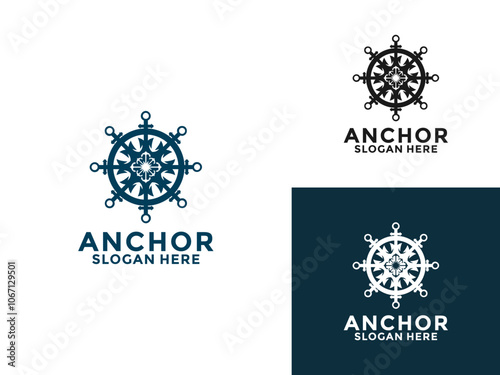 Steering Wheel with Anchor logo design vector template, Marine logo with Boat rudder and Anchor