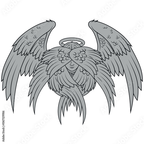 Seraph with six wings, angelic face of the Catholic religion, archangel with halo and feathers