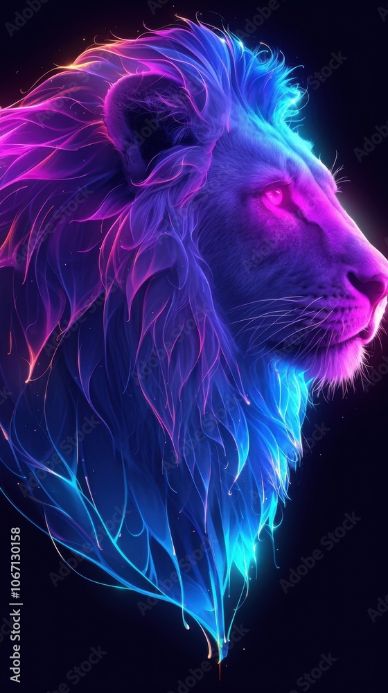 Fototapeta premium A stunning neon lion head illustration with vibrant blue and pink hues, showcasing its majestic mane and fierce gaze.