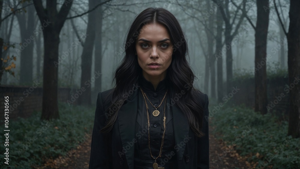 Mysterious Woman in Dark Forest Path Wearing Black Outfit and Layered Gold Necklaces Capturing Dark Romance Mysterious Woman in Dark Forest Path Wearing Black Outfit and Layered Gold Necklaces Capturing Dark Romance