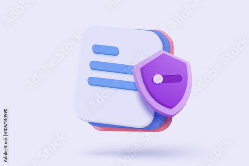 3D media data with video and photo gallery library with shield protection icon. Security image and video files in database. Document management form. 3d file icon vector render illustration