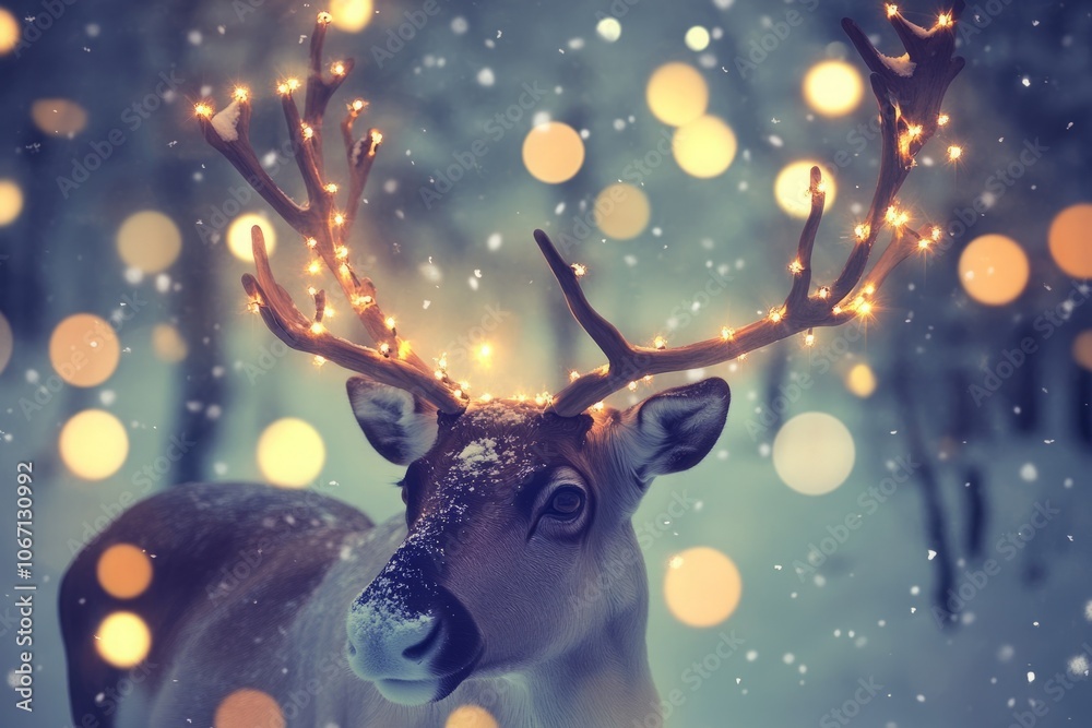 Christmas deer with light garland, merry christmas landscape Christmas deer with light garland, merry christmas landscape