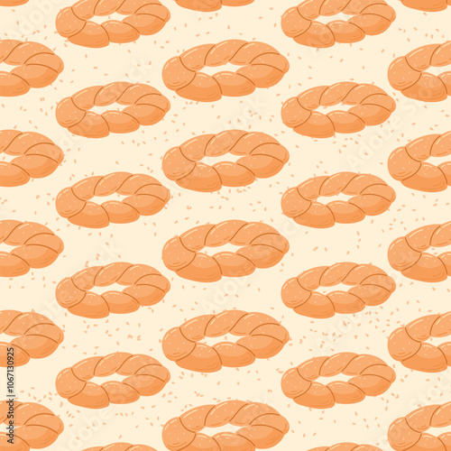 Traditional Turkish food, baked simit bagel with sesame seeds. Vector seamless pattern, flat illustration of bakery product.