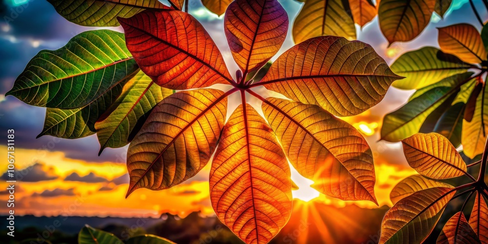 Fototapeta premium Stunning Silhouette Photography of Kapok Leaves in Vibrant Colors Captured in Close-Up, Showcasing Nature's Beauty and Intricate Details of Each Leaf