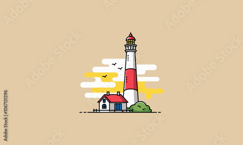 Whimsical illustration of a lighthouse with a coastal house.