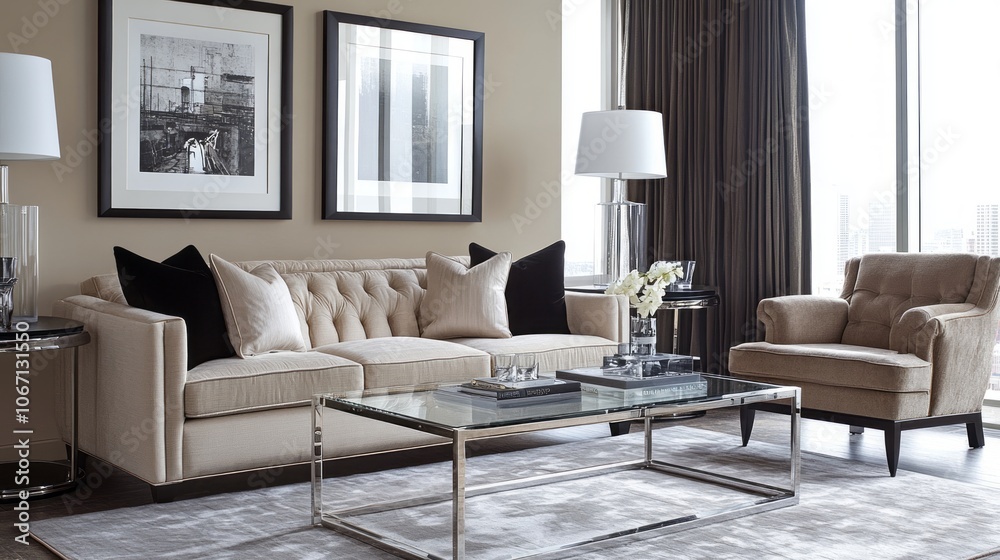 Fototapeta premium Modern Living Room with Grey Sofa, Glass Coffee Table, and City View