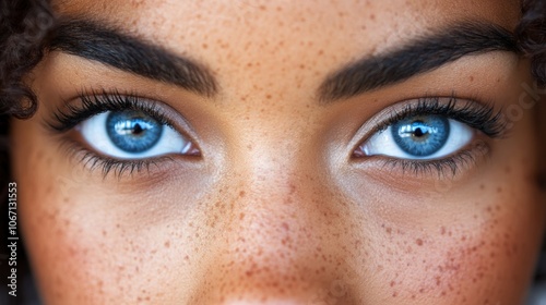 Close up Freckled Face with Stunning Blue Eyes Beauty Portrait