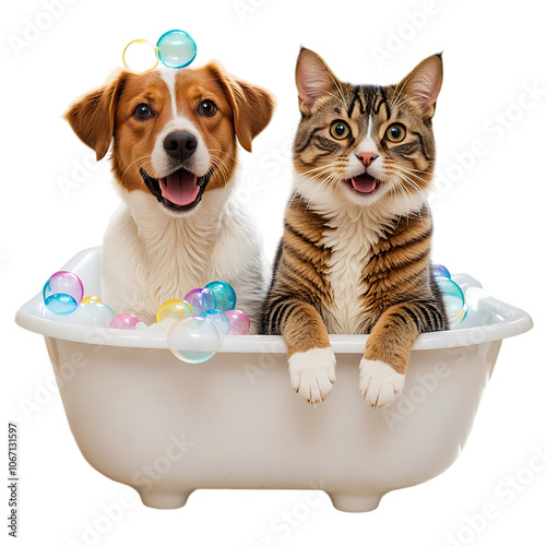 Cat and dog with shampoo foam on bath tub isolated on transparent background